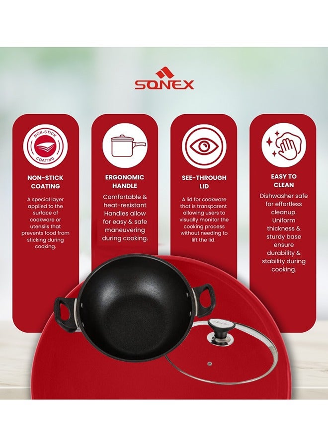 Sonex Wok Glass Lid 40cm With Teflon Coating, Premium Nonstick Coat, Bakelite Heat Resistant Handle, Healthy Cooking, Easy to Clean Non Stick Coating, Never Stick, Multi Layer, Even Heating, 11.5 Ltr