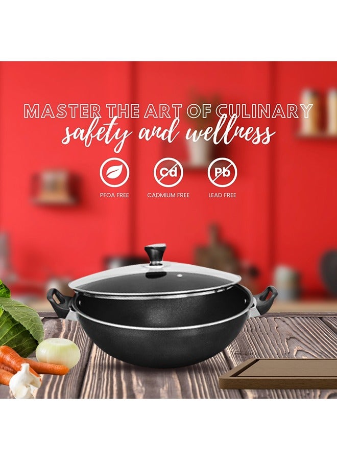 Sonex Wok Glass Lid 40cm With Teflon Coating, Premium Nonstick Coat, Bakelite Heat Resistant Handle, Healthy Cooking, Easy to Clean Non Stick Coating, Never Stick, Multi Layer, Even Heating, 11.5 Ltr