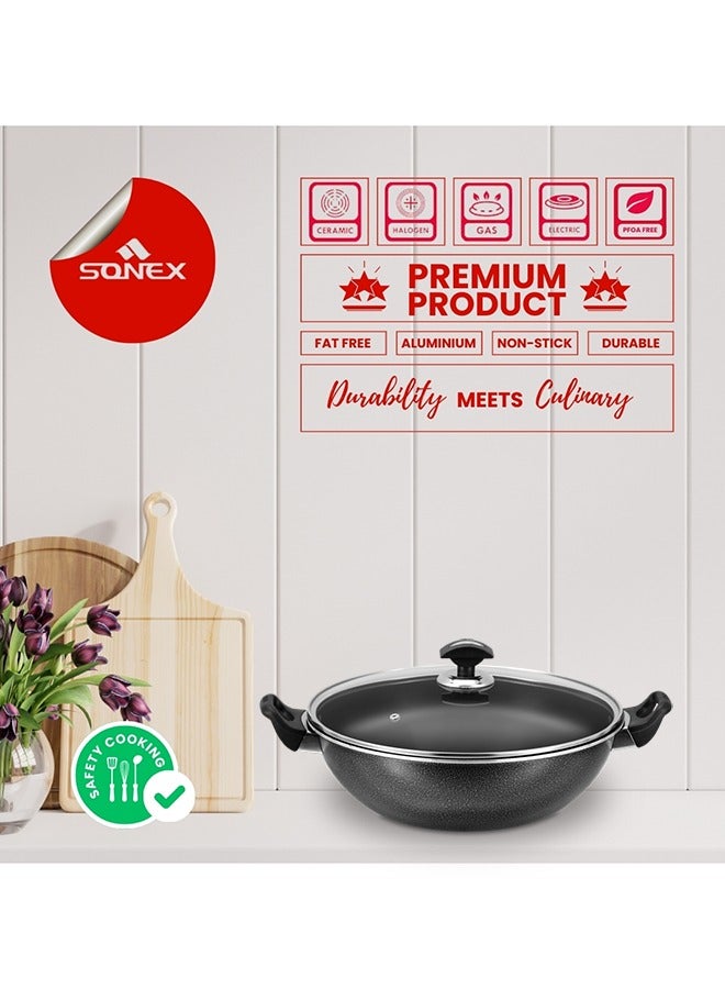 Sonex Wok Glass Lid 40cm With Teflon Coating, Premium Nonstick Coat, Bakelite Heat Resistant Handle, Healthy Cooking, Easy to Clean Non Stick Coating, Never Stick, Multi Layer, Even Heating, 11.5 Ltr