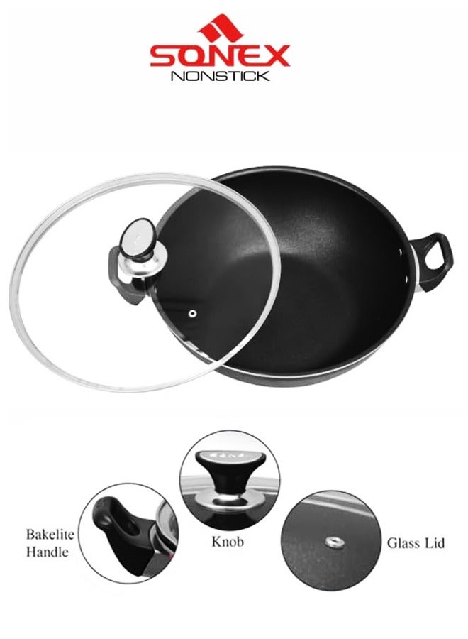 Sonex Wok Glass Lid 40cm With Teflon Coating, Premium Nonstick Coat, Bakelite Heat Resistant Handle, Healthy Cooking, Easy to Clean Non Stick Coating, Never Stick, Multi Layer, Even Heating, 11.5 Ltr
