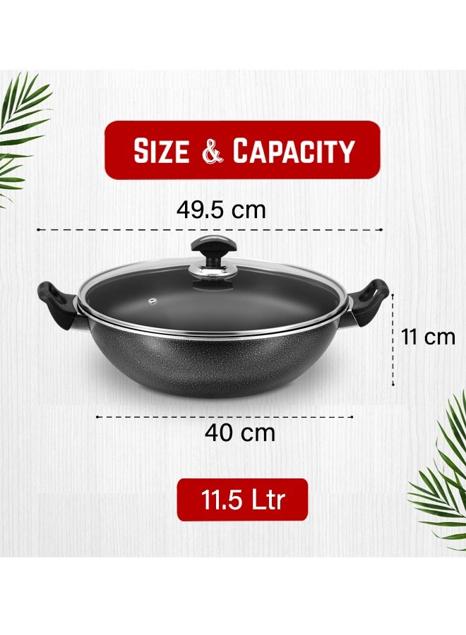 Sonex Wok Glass Lid 40cm With Teflon Coating, Premium Nonstick Coat, Bakelite Heat Resistant Handle, Healthy Cooking, Easy to Clean Non Stick Coating, Never Stick, Multi Layer, Even Heating, 11.5 Ltr