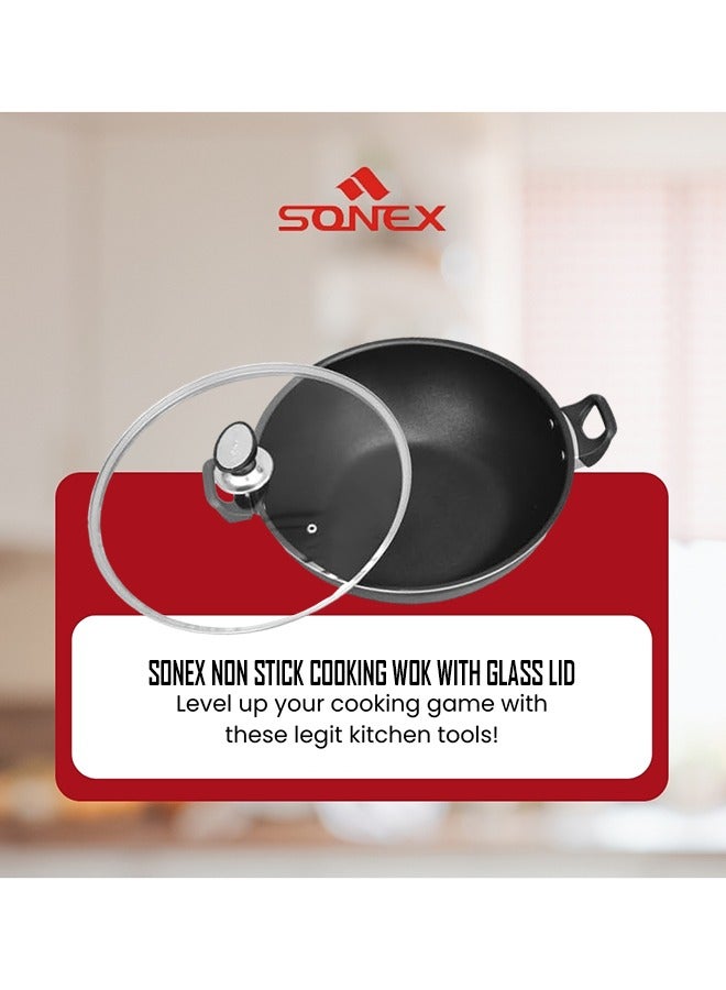 Sonex Wok Glass Lid 40cm With Teflon Coating, Premium Nonstick Coat, Bakelite Heat Resistant Handle, Healthy Cooking, Easy to Clean Non Stick Coating, Never Stick, Multi Layer, Even Heating, 11.5 Ltr