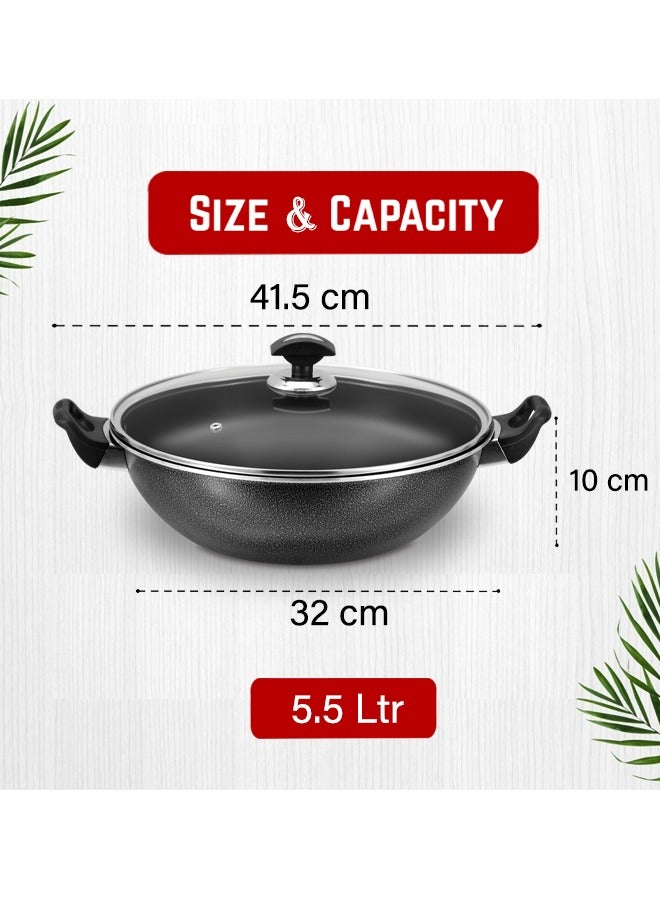 Sonex Cooking Wok With Glass Lid 32 cm & 5.5 Ltr, Teflon Non-Stick Coating PFOA Free & Bakelite Heat Resistant Handle, Durable, Long Lasting Construction, Even Heating, Easy to Clean
