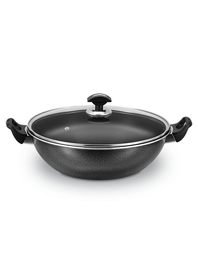 Sonex Cooking Wok With Glass Lid 32 cm & 5.5 Ltr, Teflon Non-Stick Coating PFOA Free & Bakelite Heat Resistant Handle, Durable, Long Lasting Construction, Even Heating, Easy to Clean