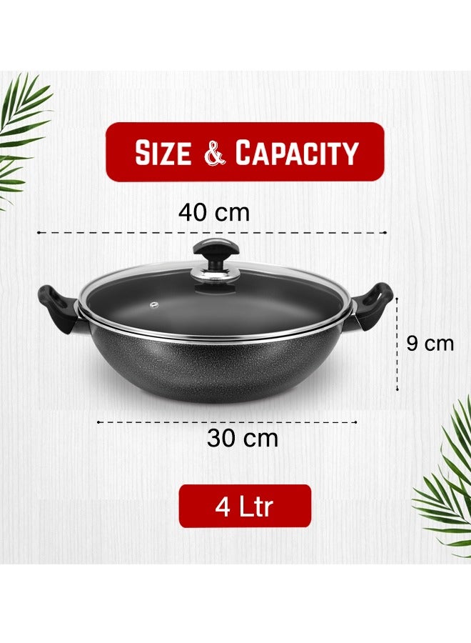 Sonex Cooking Wok With Glass Lid 30 cm & 4 Ltr Capacity, Teflon Non-Stick Coating, PFOA Free & Bakelite Heat Resistant Handle, Durable, Long Lasting Construction, Even Heating, Easy to Clean