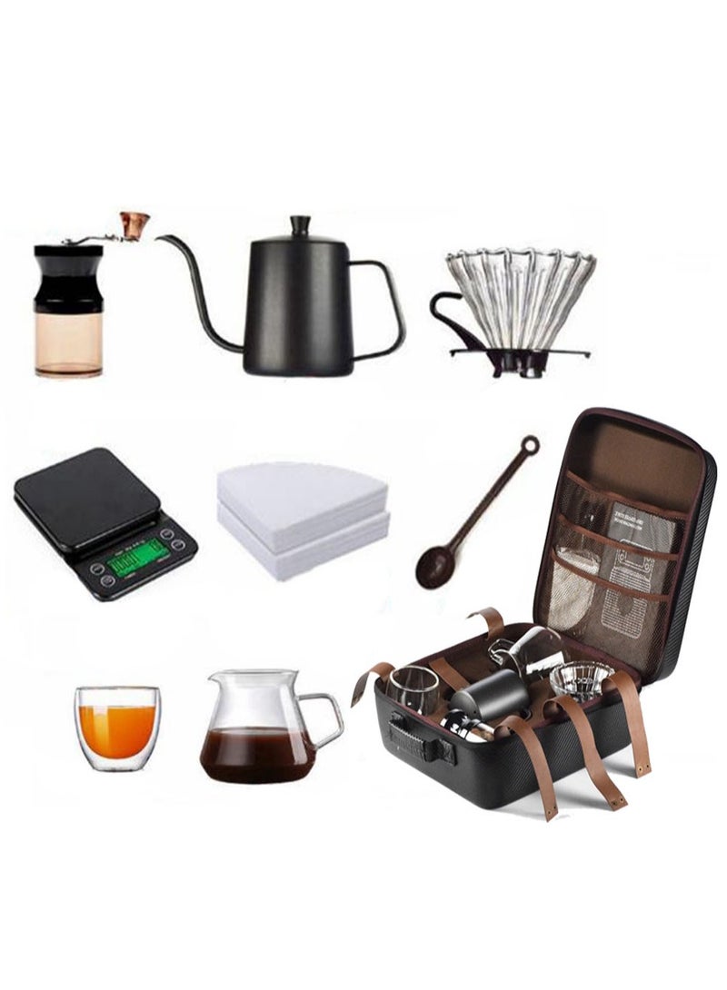 9-Piece V60 Coffee Set Drip Coffee Maker with Goose Neck Kettle Digital Scale Double Walled Glass Mug Glass Server Manual Grinder Glass Dipper 100 pcs Paper Filter and Scope for Drip Coffee