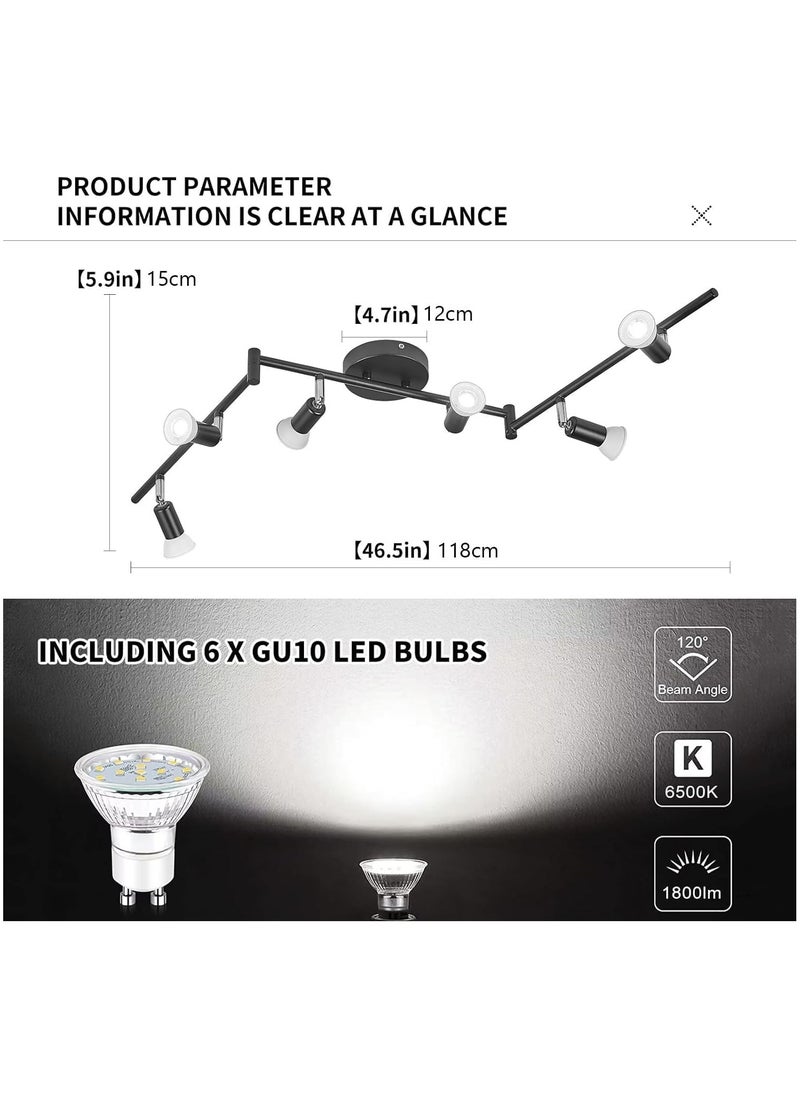 Modern Black 6-Lights Spotlight, LED Ceiling Track Light Kit with Adjustable Light Head, Flush Mount Ceiling Spot Lighting Fixtures for Dining Room, Kitchen, Bedroom (6 x GU10 Bulbs Included)