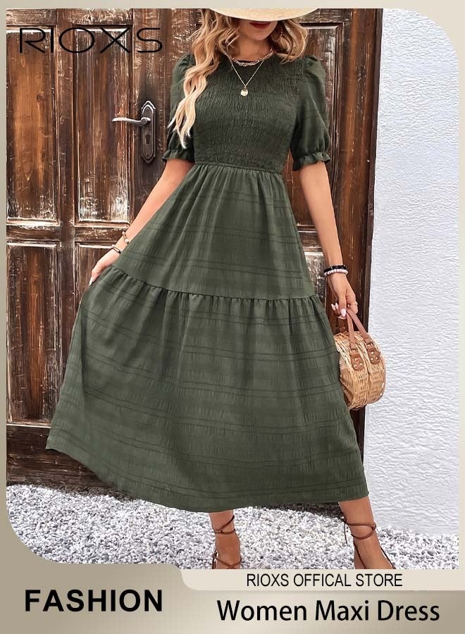 Women Casual Maxi Dress with Puff Sleeves, Flowy Elegant Dress, Chic High Waist A-line Dress, Long Dress with Flowing Layered Design and Ruffle Detail, Comfortable to Wear All Day