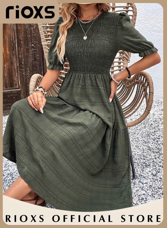 Women Casual Maxi Dress with Puff Sleeves, Flowy Elegant Dress, Chic High Waist A-line Dress, Long Dress with Flowing Layered Design and Ruffle Detail, Comfortable to Wear All Day