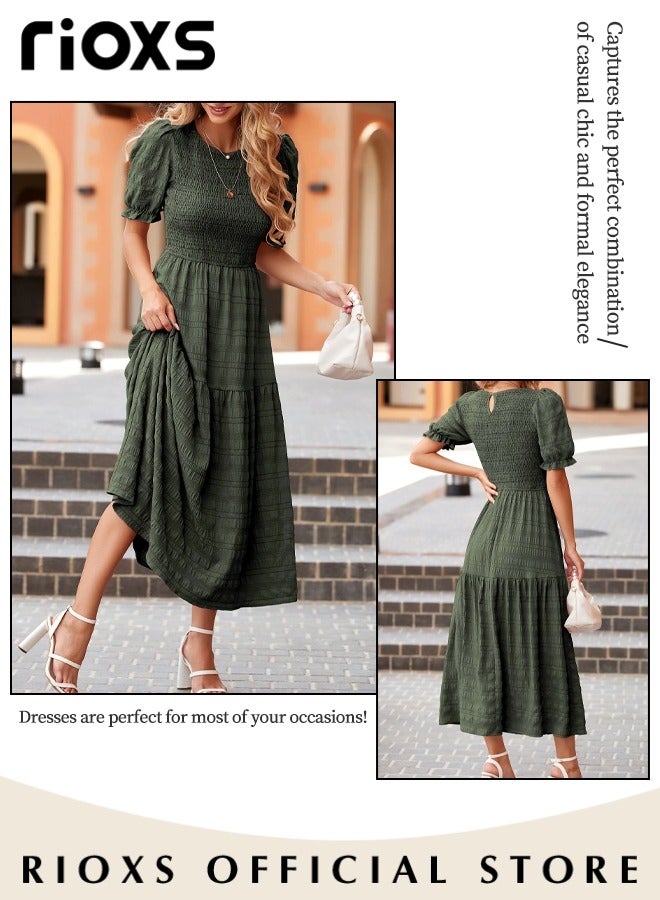 Women Casual Maxi Dress with Puff Sleeves, Flowy Elegant Dress, Chic High Waist A-line Dress, Long Dress with Flowing Layered Design and Ruffle Detail, Comfortable to Wear All Day