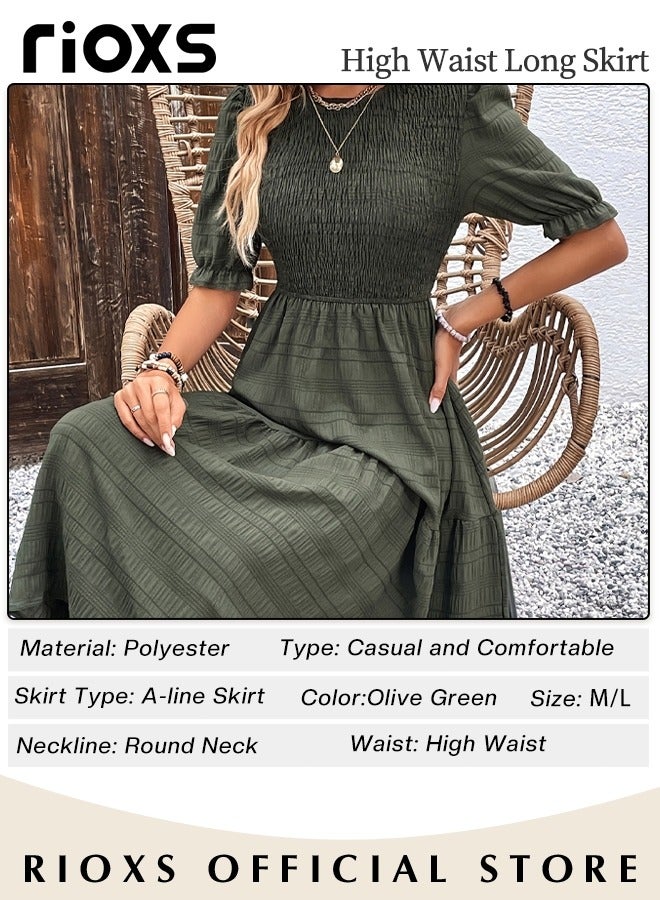 Women Casual Maxi Dress with Puff Sleeves, Flowy Elegant Dress, Chic High Waist A-line Dress, Long Dress with Flowing Layered Design and Ruffle Detail, Comfortable to Wear All Day