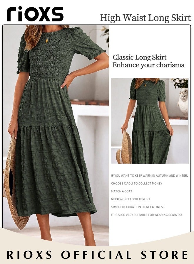 Women Casual Maxi Dress with Puff Sleeves, Flowy Elegant Dress, Chic High Waist A-line Dress, Long Dress with Flowing Layered Design and Ruffle Detail, Comfortable to Wear All Day