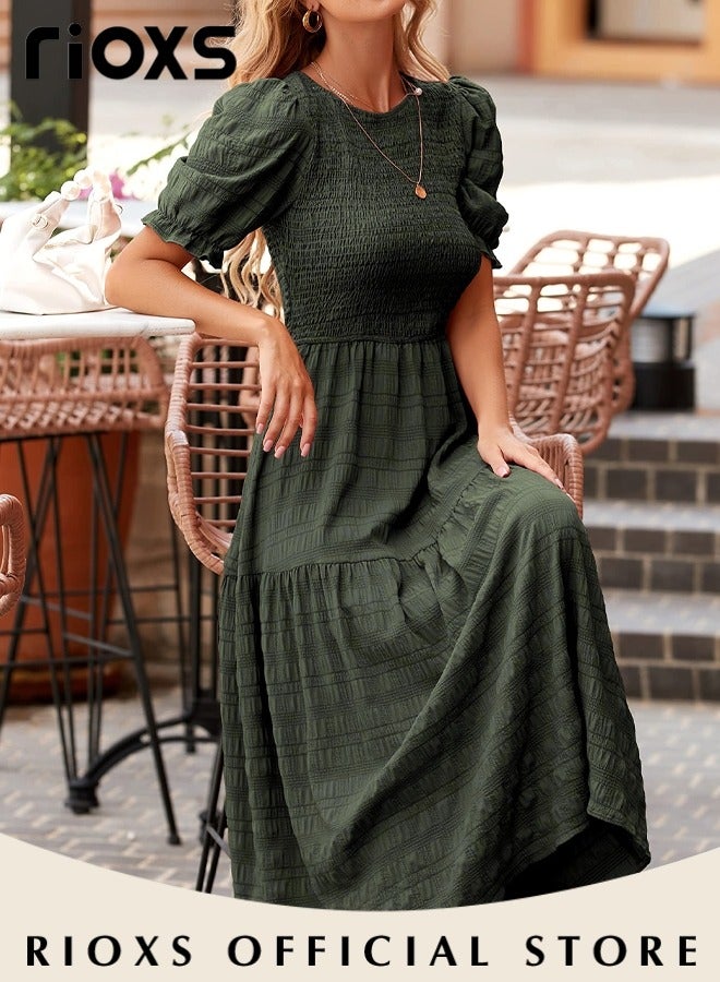 Women Casual Maxi Dress with Puff Sleeves, Flowy Elegant Dress, Chic High Waist A-line Dress, Long Dress with Flowing Layered Design and Ruffle Detail, Comfortable to Wear All Day