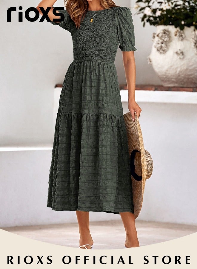 Women Casual Maxi Dress with Puff Sleeves, Flowy Elegant Dress, Chic High Waist A-line Dress, Long Dress with Flowing Layered Design and Ruffle Detail, Comfortable to Wear All Day