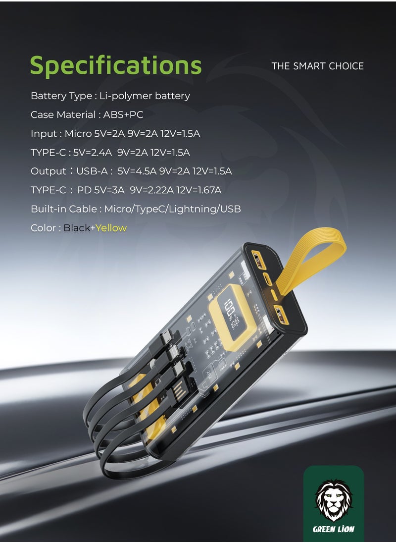 Transparent Pro 10000mAh PowerBank Built in cable Lightning and Type-C and USB and Micro Digital Display 2 USB Port and 1 PD Type-c Port - Black/Yellow