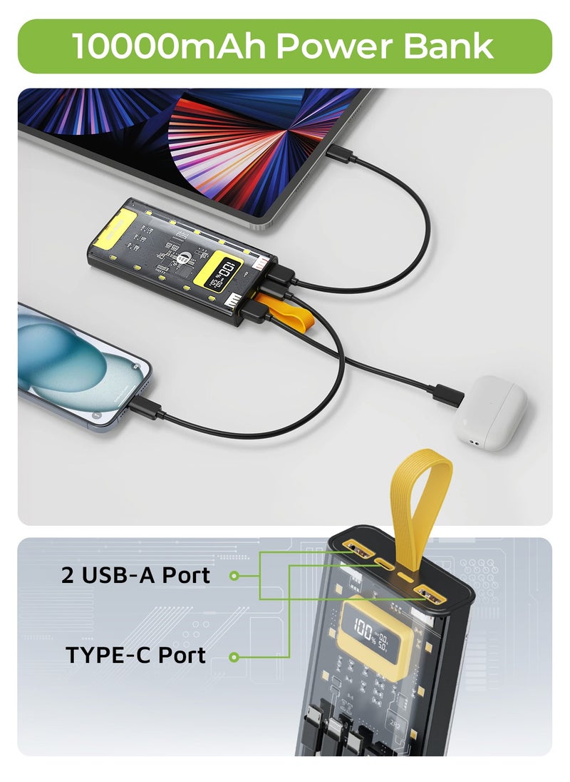 Transparent Pro 10000mAh PowerBank Built in cable Lightning and Type-C and USB and Micro Digital Display 2 USB Port and 1 PD Type-c Port - Black/Yellow