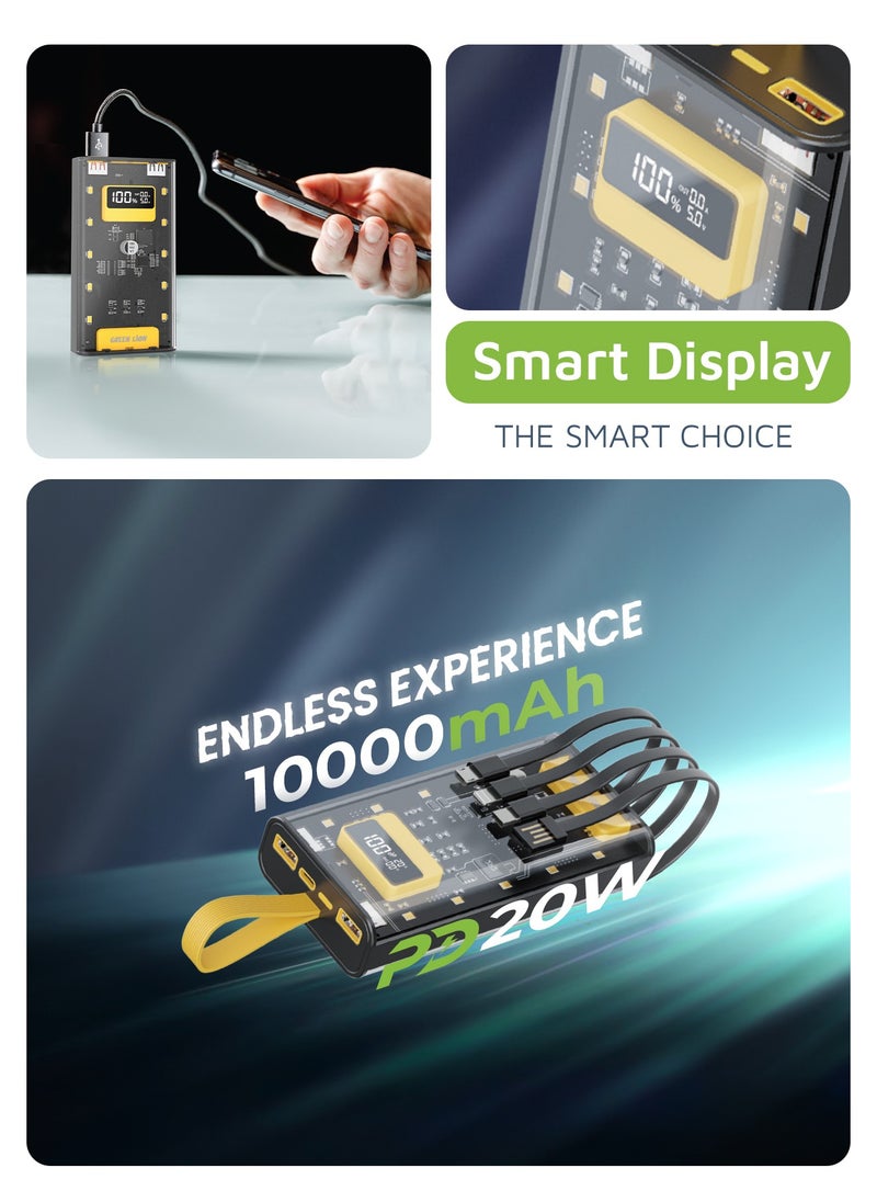 Transparent Pro 10000mAh PowerBank Built in cable Lightning and Type-C and USB and Micro Digital Display 2 USB Port and 1 PD Type-c Port - Black/Yellow