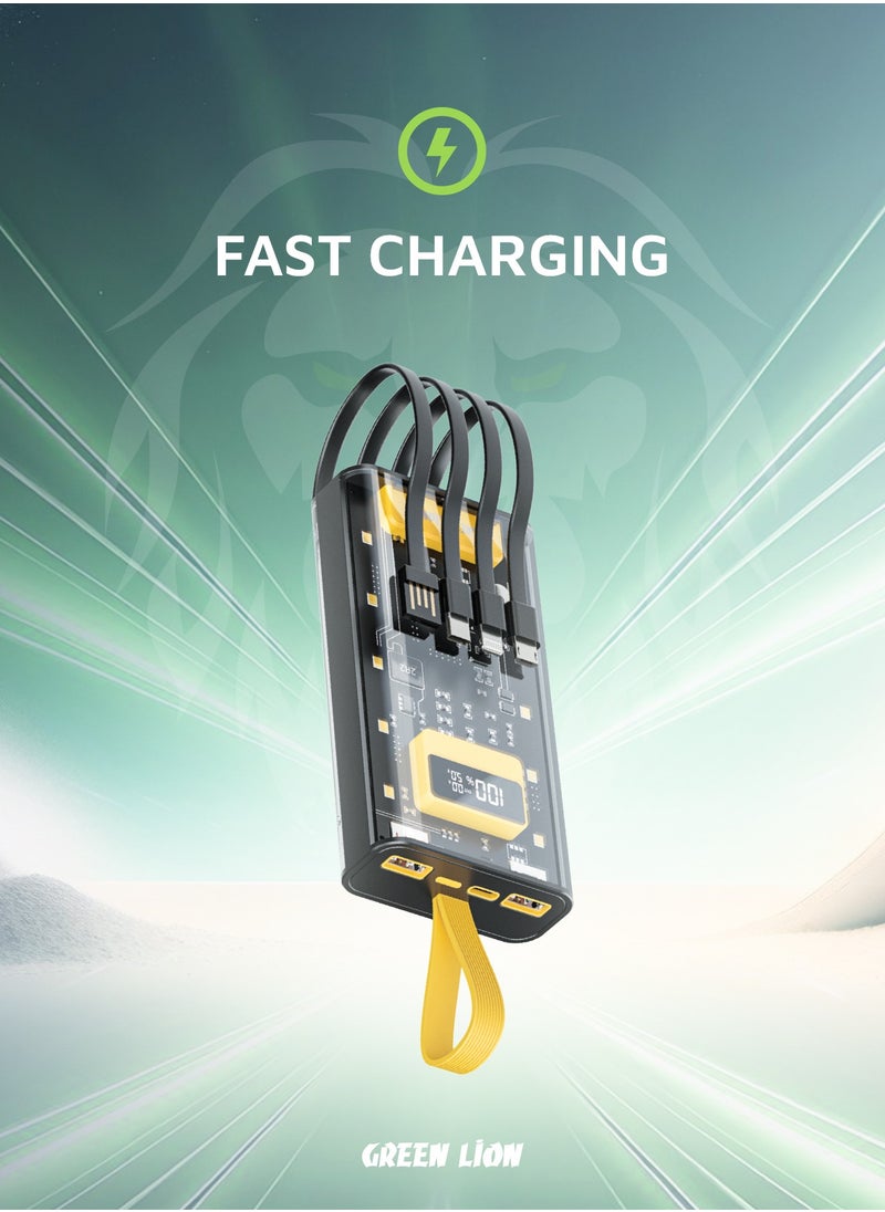 Transparent Pro 10000mAh PowerBank Built in cable Lightning and Type-C and USB and Micro Digital Display 2 USB Port and 1 PD Type-c Port - Black/Yellow