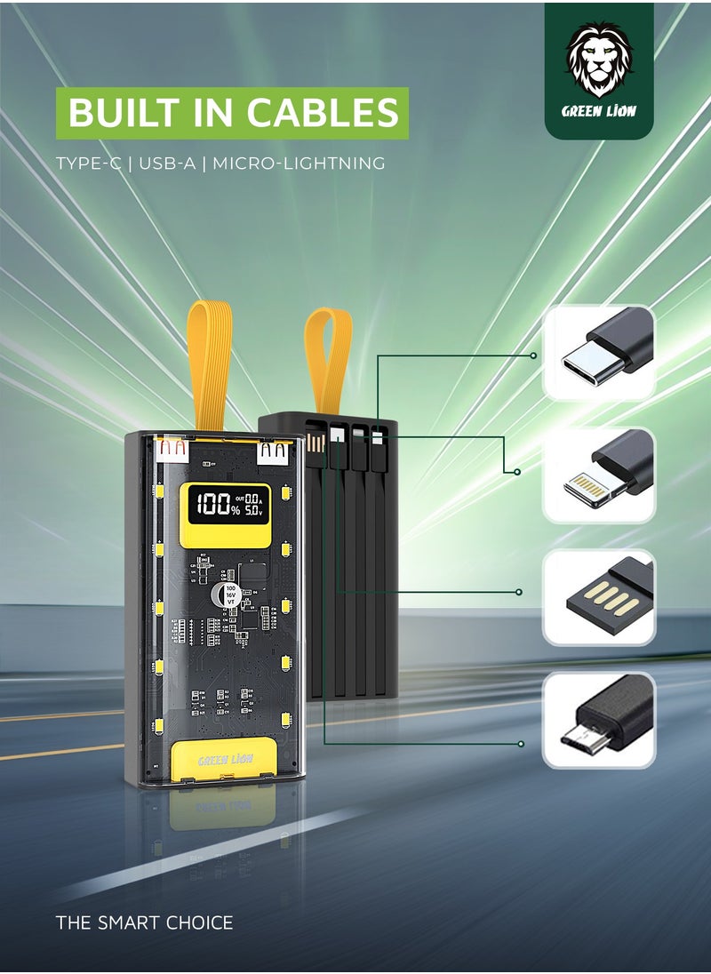Transparent Pro 10000mAh PowerBank Built in cable Lightning and Type-C and USB and Micro Digital Display 2 USB Port and 1 PD Type-c Port - Black/Yellow