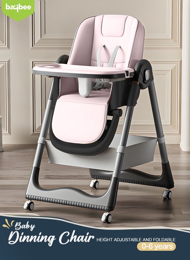 3 In 1 Baby Feeding High Chair With 8 Height Adjustable, Footrest, Tray, 160 Degree Recline, 5 Point Safety Belt And Wheels, 0 - 6 Years Pink