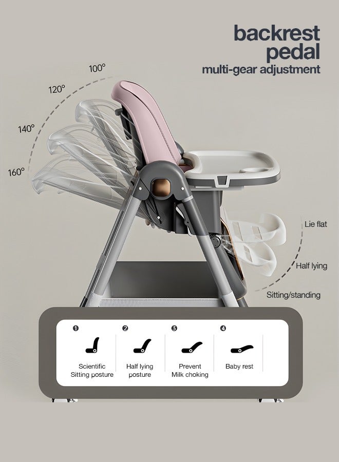 3 In 1 Baby Feeding High Chair With 8 Height Adjustable, Footrest, Tray, 160 Degree Recline, 5 Point Safety Belt And Wheels, 0 - 6 Years Pink