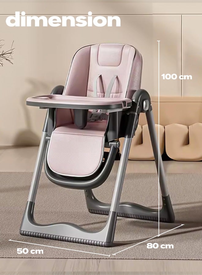 3 In 1 Baby Feeding High Chair With 8 Height Adjustable, Footrest, Tray, 160 Degree Recline, 5 Point Safety Belt And Wheels, 0 - 6 Years Pink