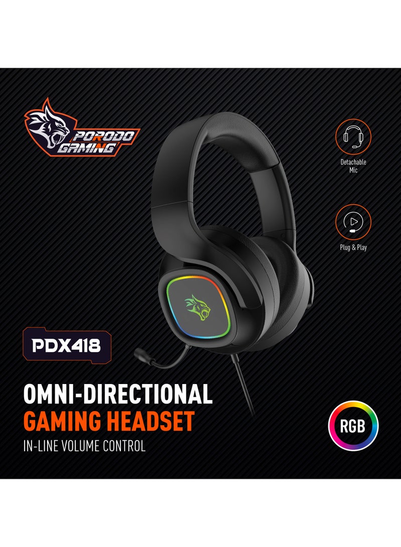 Omni-Directional Gaming Headset / In Line Volume Control / RGB Lights / Detachable Microphone / Plug & Play / Large Driver / Easy Access Control / Long Braided Cable Length - Black