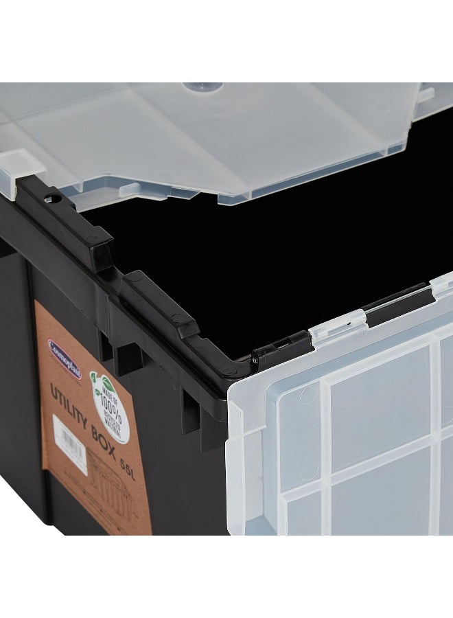 55L Utility Storage Plastic Box Black 55 x  39 x 32 cm Grey