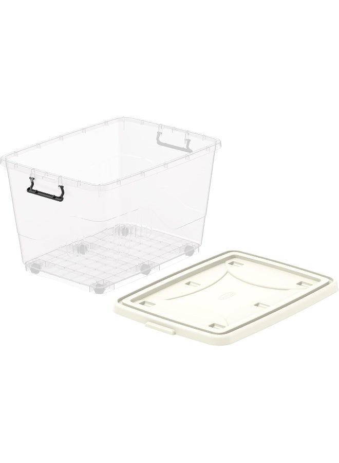 132L Clear Plastic Storage Box With Wheels & Lockable Lid (Off White) Off White 132.0Liters