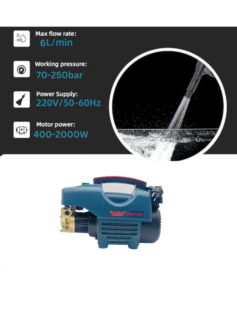High Pressure Cleaning Machine, 400-2000W Power, 2800 RPM, 6L/min, 70-250 Bar Pressure - Dual-Use, Overheat Protection for Home & Outdoor Cleaning