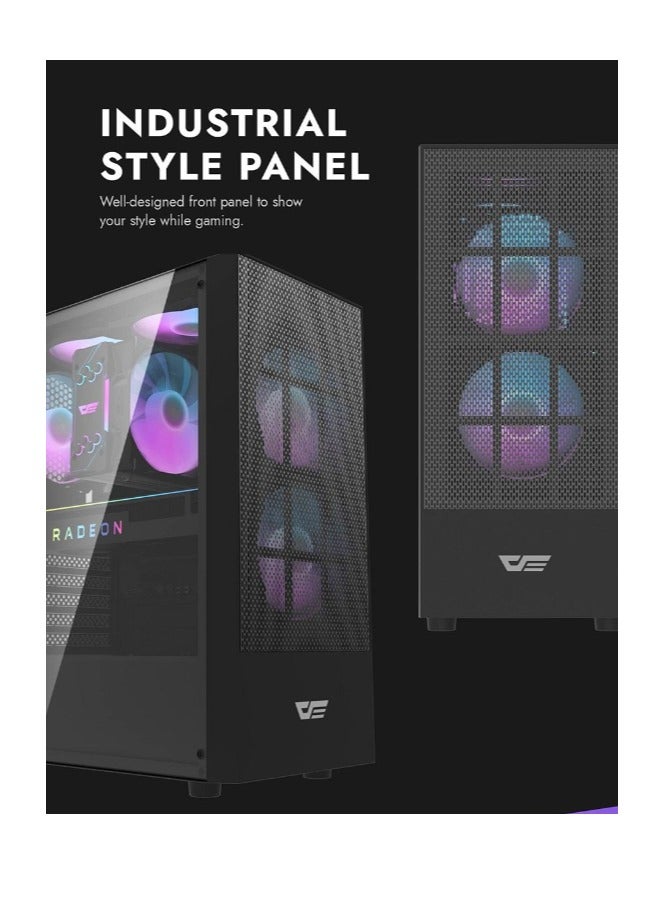 Darkflash A290  ATX / M-ATX/ ITX Gaming PC Case With Pre-Installed 3 ARGB Fan, USB 3.0 For High-Speed Data Transmission, Tempered Glass Side Panel | Industrial Style Front Panel Computer Case