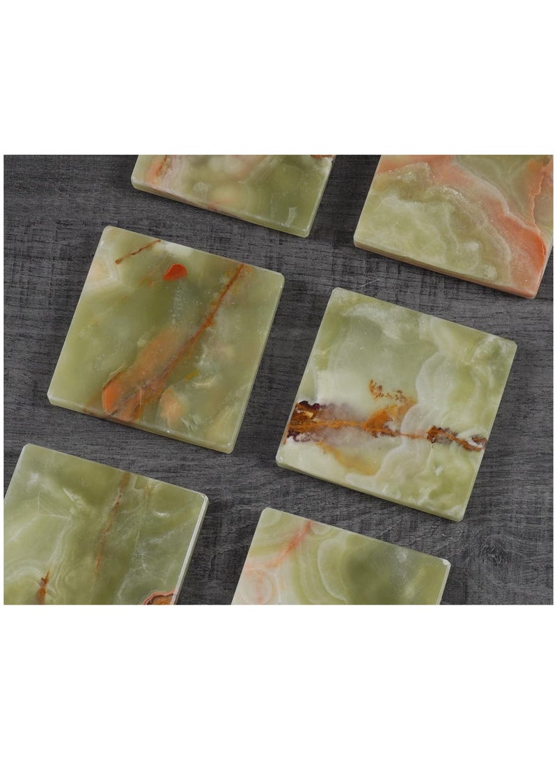 Coaster Set of 6 Green Handmade Marble 3.5 Inch Bar Drink Cup Pad, Coffee Mug Square Coasters Set for Kitchen - Ideal Pot Drinks Tea Absorbent Coaster Plates