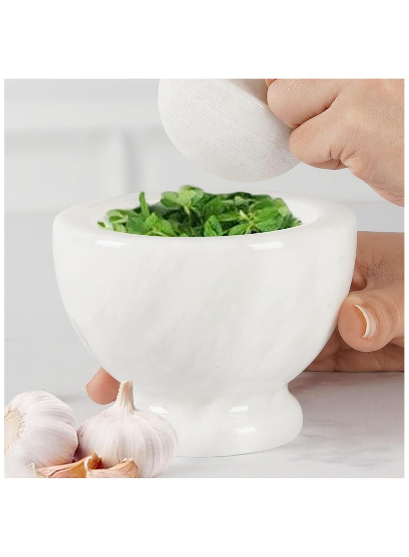 Big white Marble Mortar & Pestle Set, 4 x4.5 Inches Grinder Set | Grinder for Spices, Pill Crusher. Marble Kitchen Accessories & Seasoning Set Avocado Masher & Mushroom Grinder