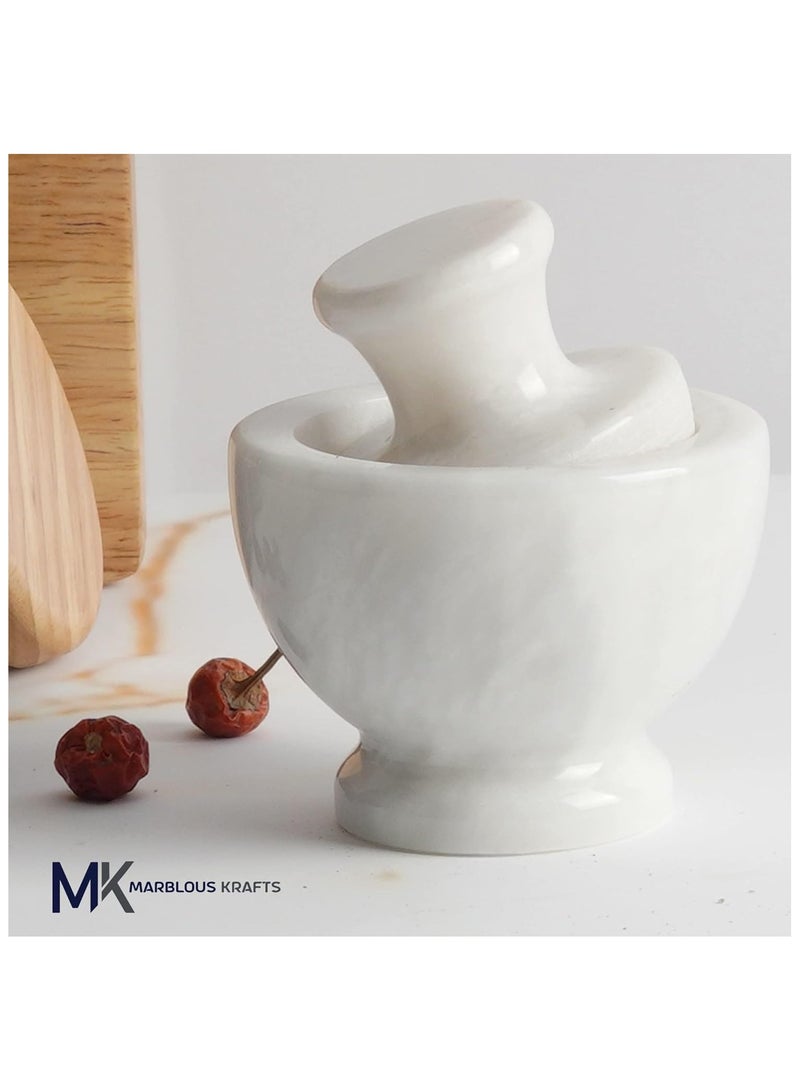 Big white Marble Mortar & Pestle Set, 4 x4.5 Inches Grinder Set | Grinder for Spices, Pill Crusher. Marble Kitchen Accessories & Seasoning Set Avocado Masher & Mushroom Grinder