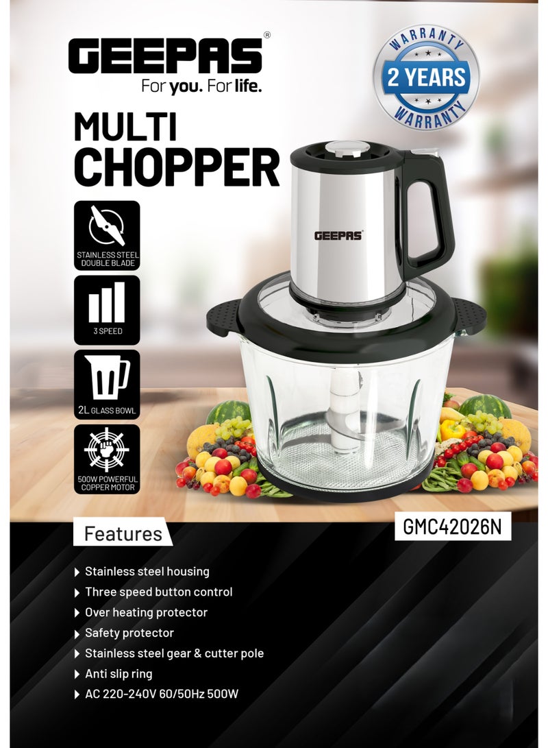 Multi Chopper, Compact Multi Chopper, 3 Speed Levels and Double Blade Assembly| Suitable for Chopping Vegetables, Fruits, Meat| Stainless Steel Blade Set for Fast and Effective Chopping 500 W GMC42026 Silver & black