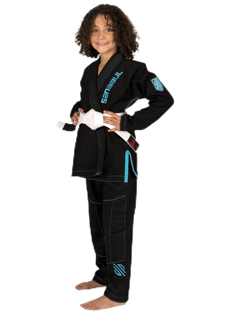 Future Legends BJJ Gi for Kids | Premium Youth Brazilian Jiu Jitsu Gi with FREE White Belt | Lightweight & Durable Jiu Jitsu Kimono for Children and Youth (BLACK/BLUE, K1)