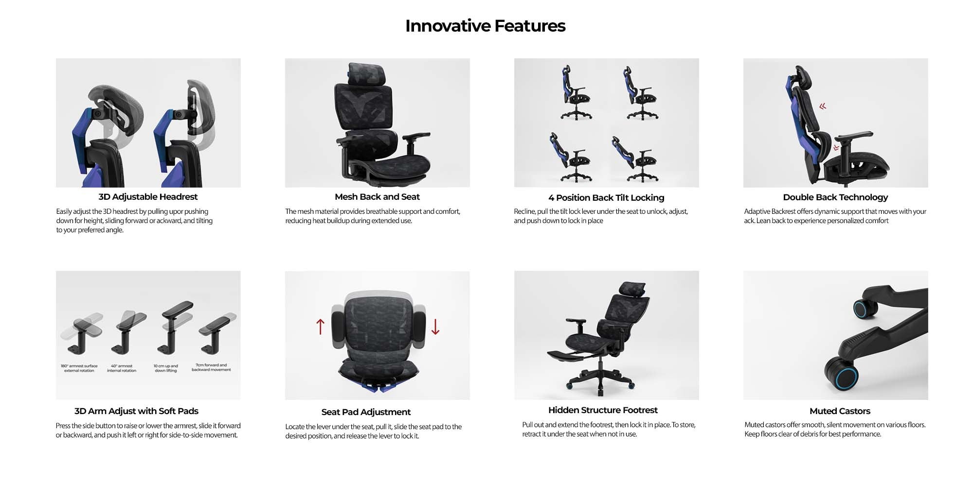 Xyrion Super Ergonomic Gaming Chair with Footrest - 3D Adjustable Headrest, Adaptive Backrest, 4-Position Tilt Lock, Breathable Mesh, and Silent Castors - Grey & Silver