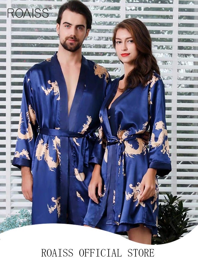 Plus Size Slip Dress and Robe for Ladies Silk Dragon Pattern Pajamas Bathrobe gift for Girlfriend Wife Summer Loungewear Nightwear for Women