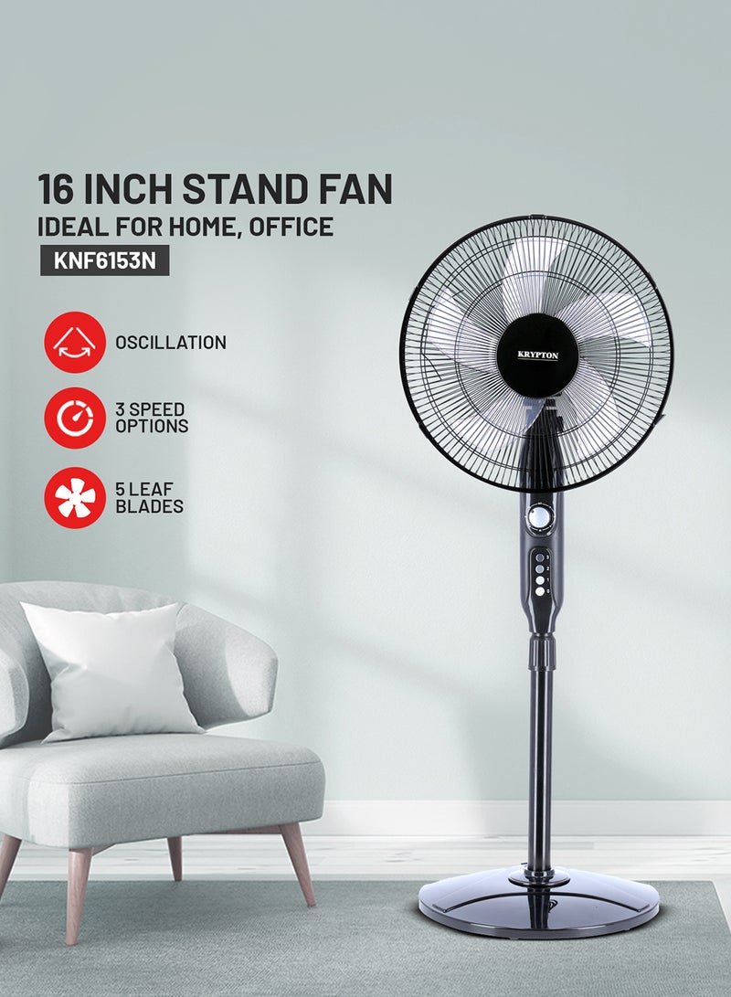 Stand Fan With Aerodynamic Design 3 Leaf Blades 3 Speed Control Oscillation 50/60 Hz Child Protection 45w KNF6153 Black