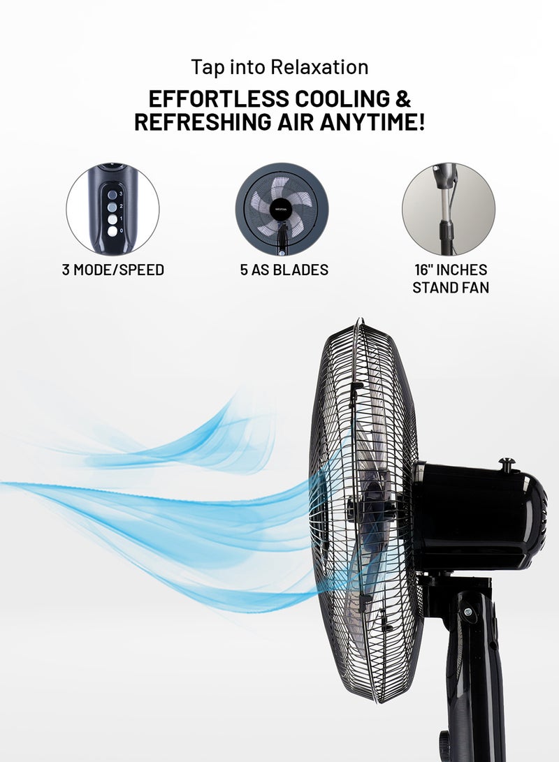 Stand Fan With Aerodynamic Design 3 Leaf Blades 3 Speed Control Oscillation 50/60 Hz Child Protection 45w KNF6153 Black