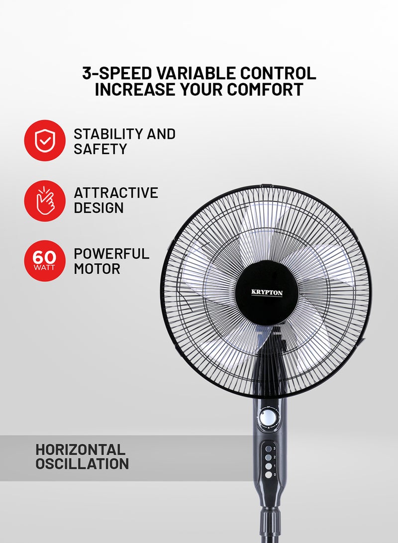 Stand Fan With Aerodynamic Design 3 Leaf Blades 3 Speed Control Oscillation 50/60 Hz Child Protection 45w KNF6153 Black