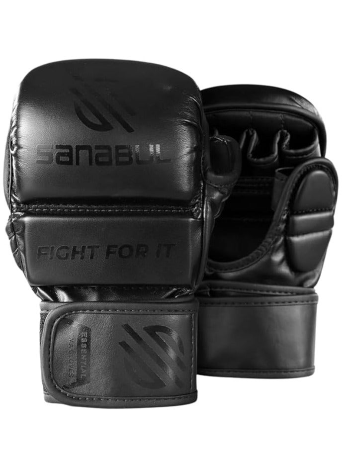 Essential 7 oz MMA Gloves Men & Women | Gloves for Martial Arts Sparring & Training Gloves | Hybrid MMA Kick Boxing Gloves Men | Grappling Gloves (All Black, Small/Medium)