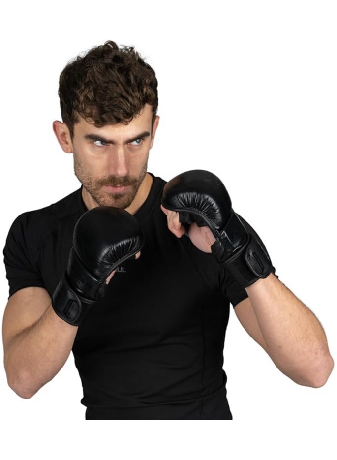 Essential 7 oz MMA Gloves Men & Women | Gloves for Martial Arts Sparring & Training Gloves | Hybrid MMA Kick Boxing Gloves Men | Grappling Gloves (All Black, Small/Medium)