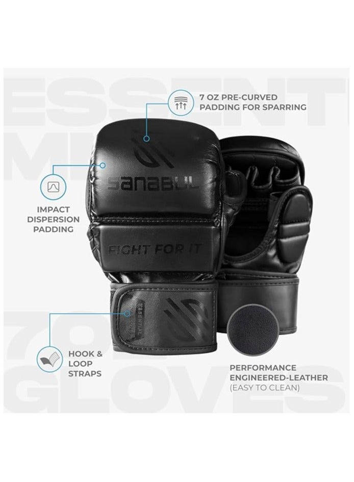 Essential 7 oz MMA Gloves Men & Women | Gloves for Martial Arts Sparring & Training Gloves | Hybrid MMA Kick Boxing Gloves Men | Grappling Gloves (All Black, Small/Medium)