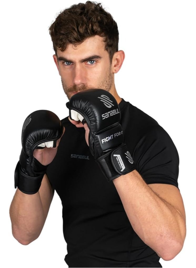 Essential 7 oz MMA Gloves Men & Women | Gloves for Martial Arts Sparring & Training Gloves | Hybrid MMA Kick Boxing Gloves Men | Grappling Gloves (Black/Silver, Large/X-Large)