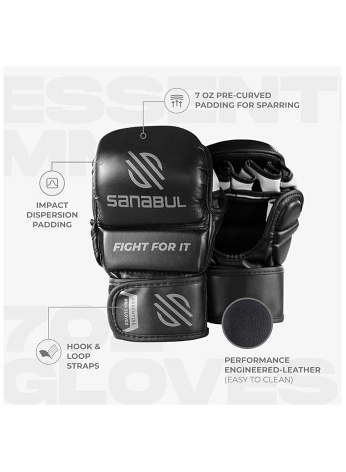 Essential 7 oz MMA Gloves Men & Women | Gloves for Martial Arts Sparring & Training Gloves | Hybrid MMA Kick Boxing Gloves Men | Grappling Gloves (Black/Silver, Large/X-Large)