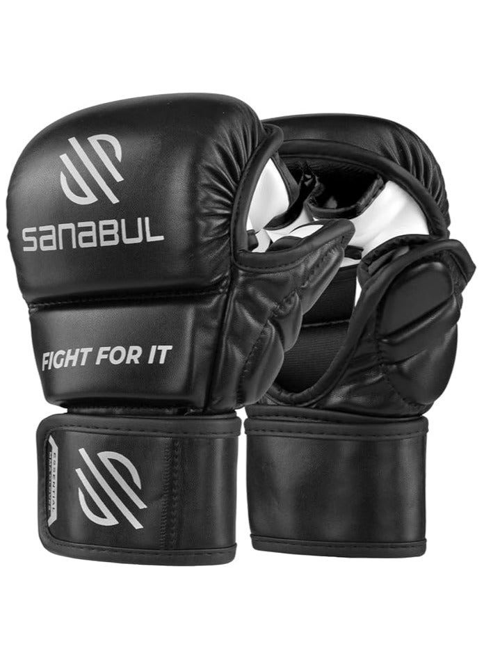 Essential 7 oz MMA Gloves Men & Women | Gloves for Martial Arts Sparring & Training Gloves | Hybrid MMA Kick Boxing Gloves Men | Grappling Gloves (Black/Silver, Large/X-Large)