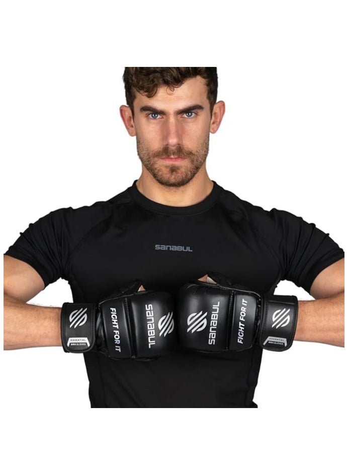 Essential 7 oz MMA Gloves Men & Women | Gloves for Martial Arts Sparring & Training Gloves | Hybrid MMA Kick Boxing Gloves Men | Grappling Gloves (Black/Silver, Large/X-Large)