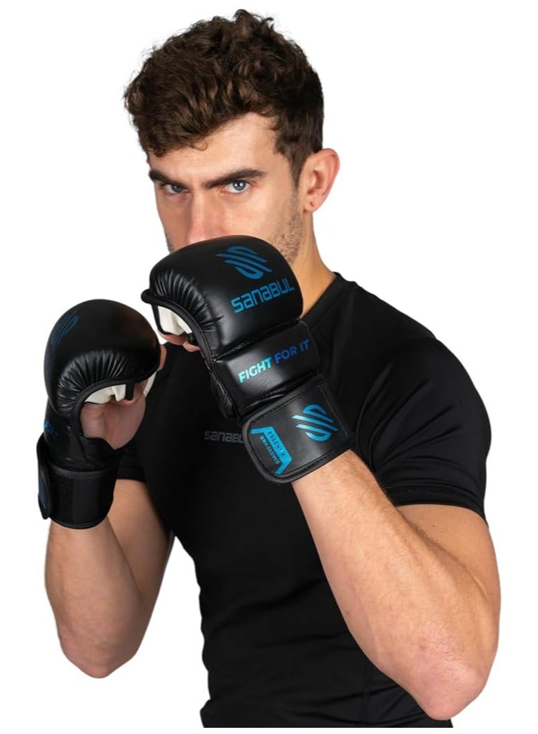 Essential 7 oz MMA Gloves Men & Women | Gloves for Martial Arts Sparring & Training Gloves | Hybrid MMA Kick Boxing Gloves Men | Grappling Gloves (Black/Blue, Small/Medium)