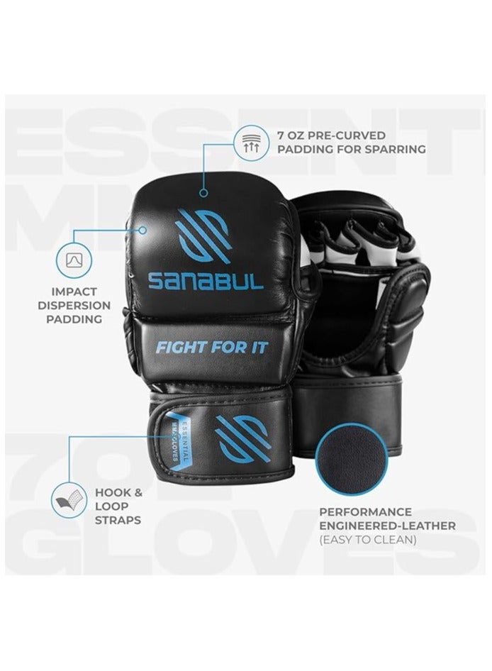 Essential 7 oz MMA Gloves Men & Women | Gloves for Martial Arts Sparring & Training Gloves | Hybrid MMA Kick Boxing Gloves Men | Grappling Gloves (Black/Blue, Small/Medium)